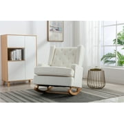 Modern Accent Rocking Chair, Upholstered Nursery Glider Chair with Wood Legs and Side Pocket, High-Back Rocking Chair Indoor for Living Room, Bedroom, Nursery, White Teddy